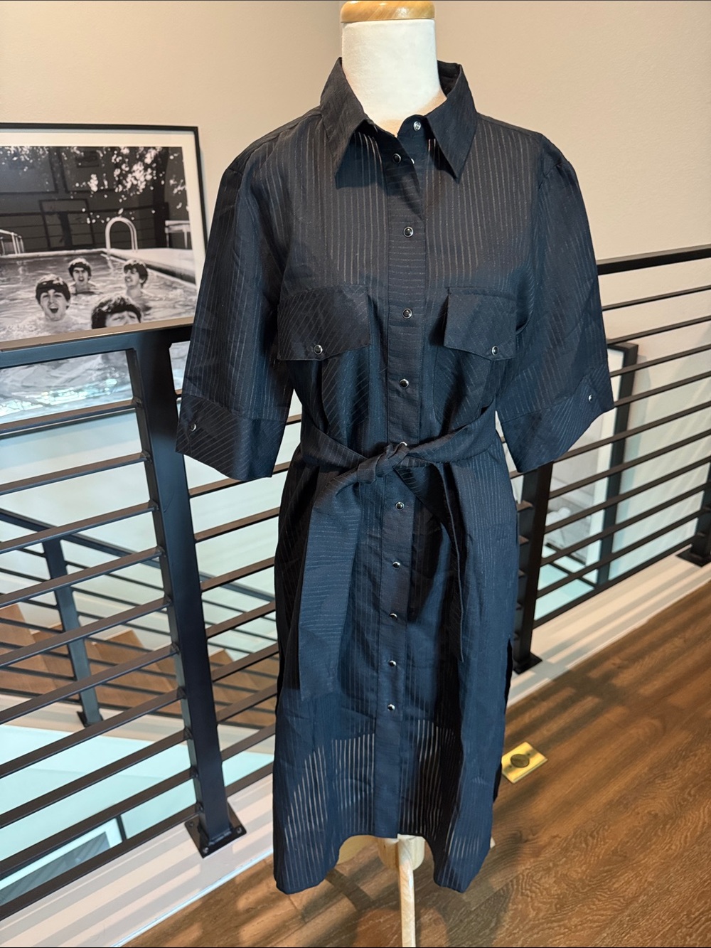 Simona Corsellini Navy Gold Metallic Pinstripe  Snap Button Shirt Dress Tie 44
